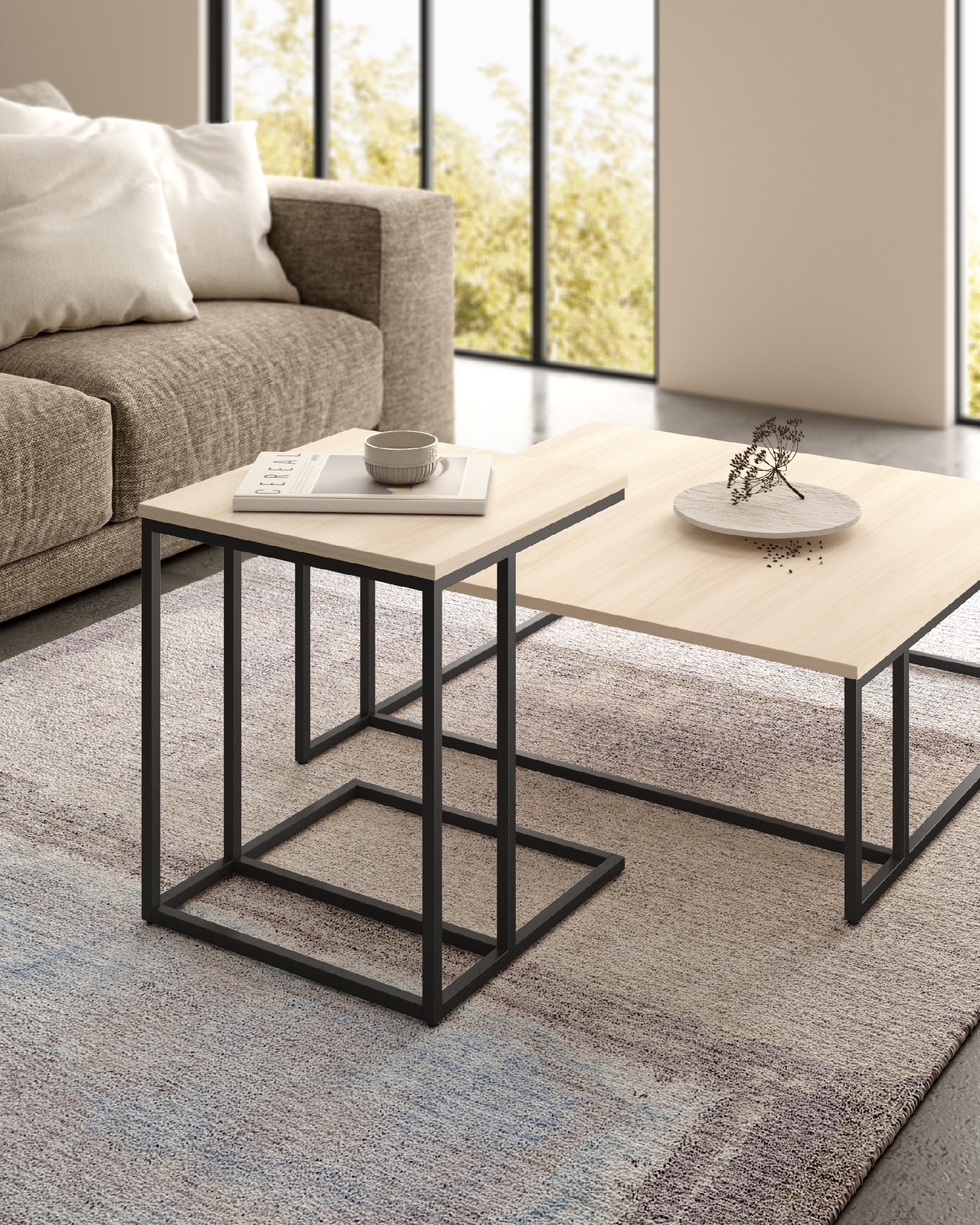Zenit low side table with oak melamine top and black metal leg 40 x 40 cm