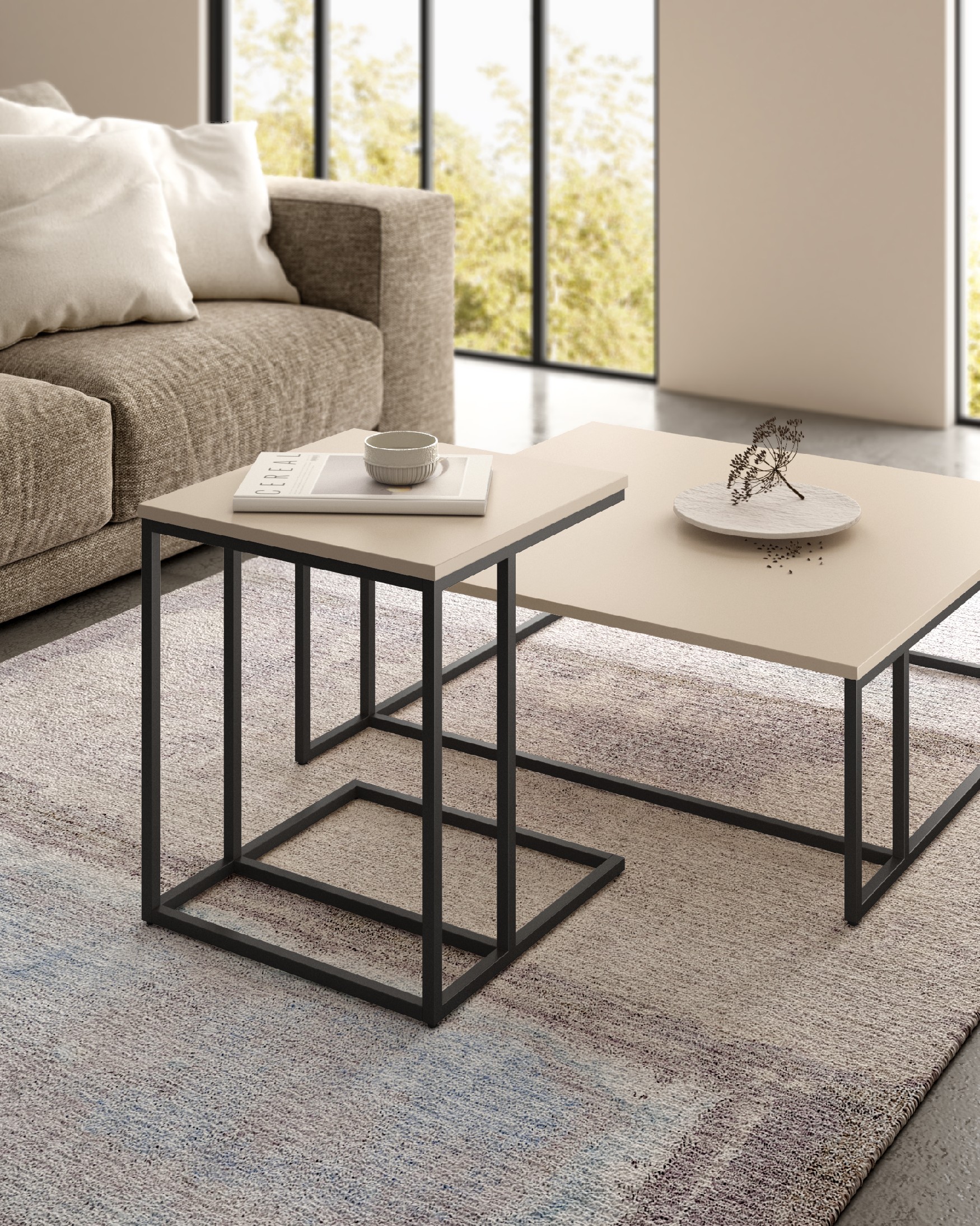 Table d'appoint Zenit basse avec plateau en mélamine perle et pied métallique noir 40 x 40 cm