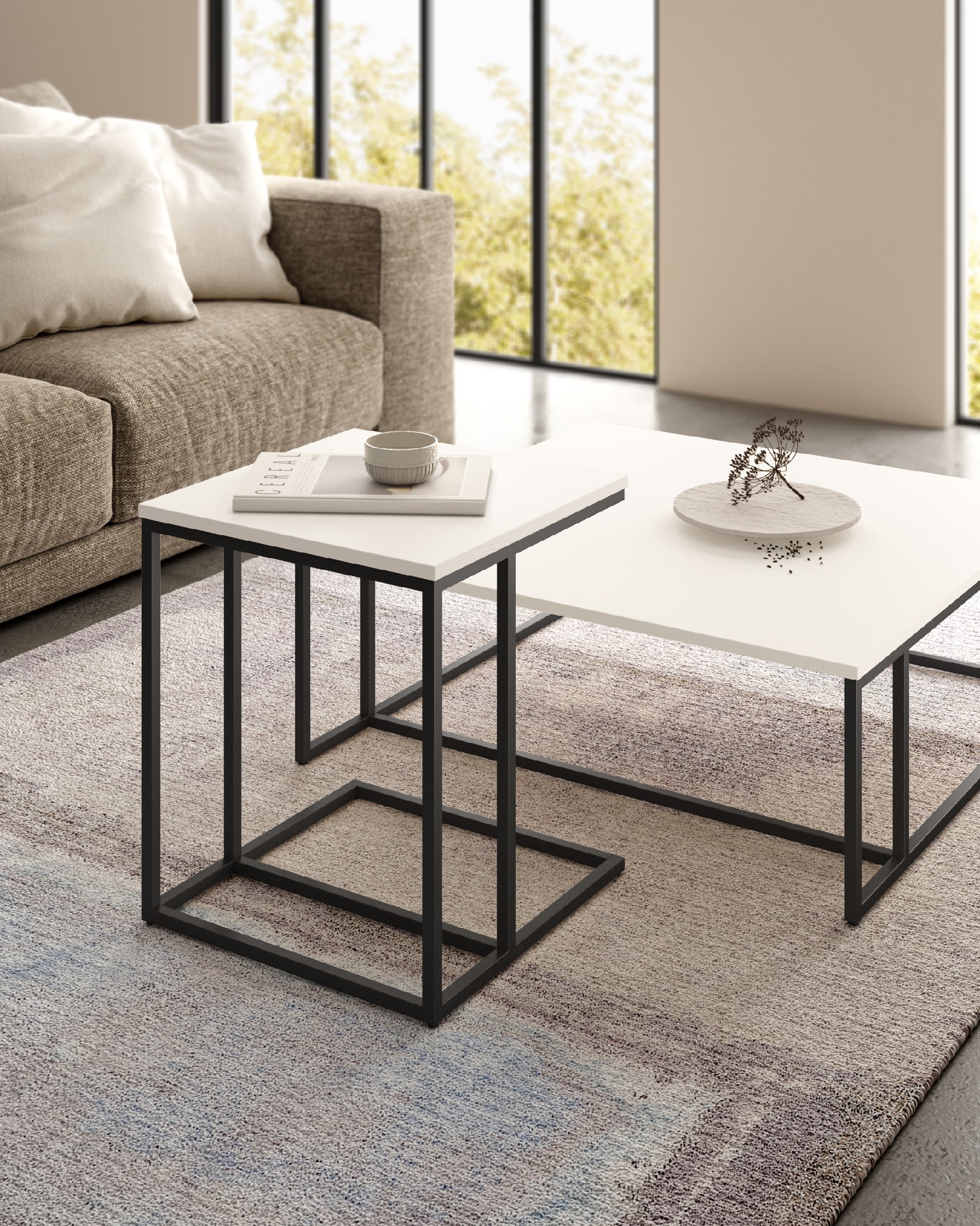 Table d'appoint Zenit basse avec plateau en mélamine blanc soul et pied métallique noir 40 x 40 cm