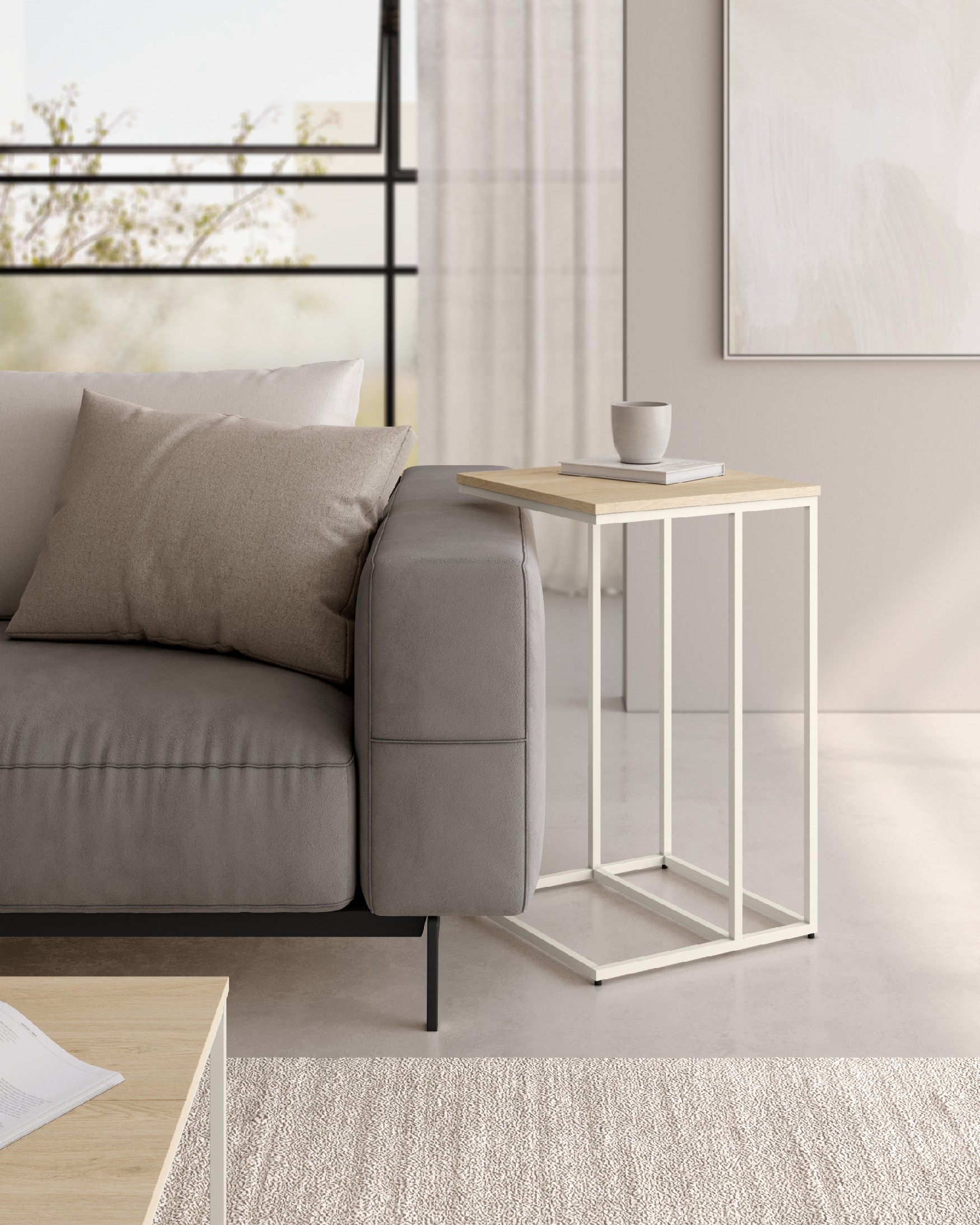 Zenit high side table with natural oak melamine top and ivory metal leg 40 x 40 cm