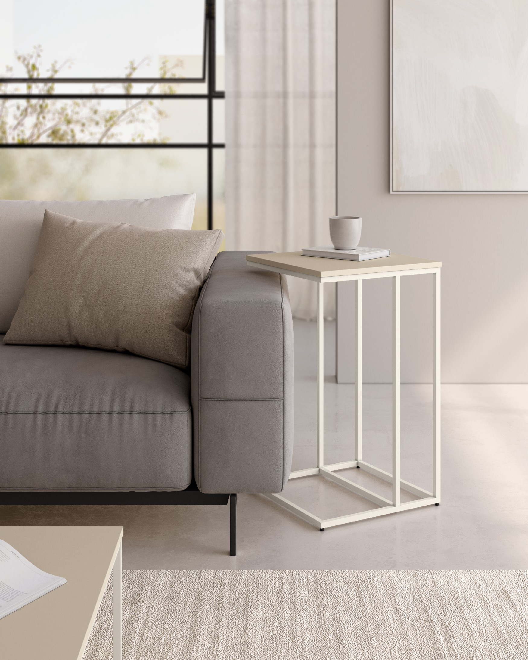 Zenith high side table with pearl melamine top and ivory metal leg 40 x 40 cm