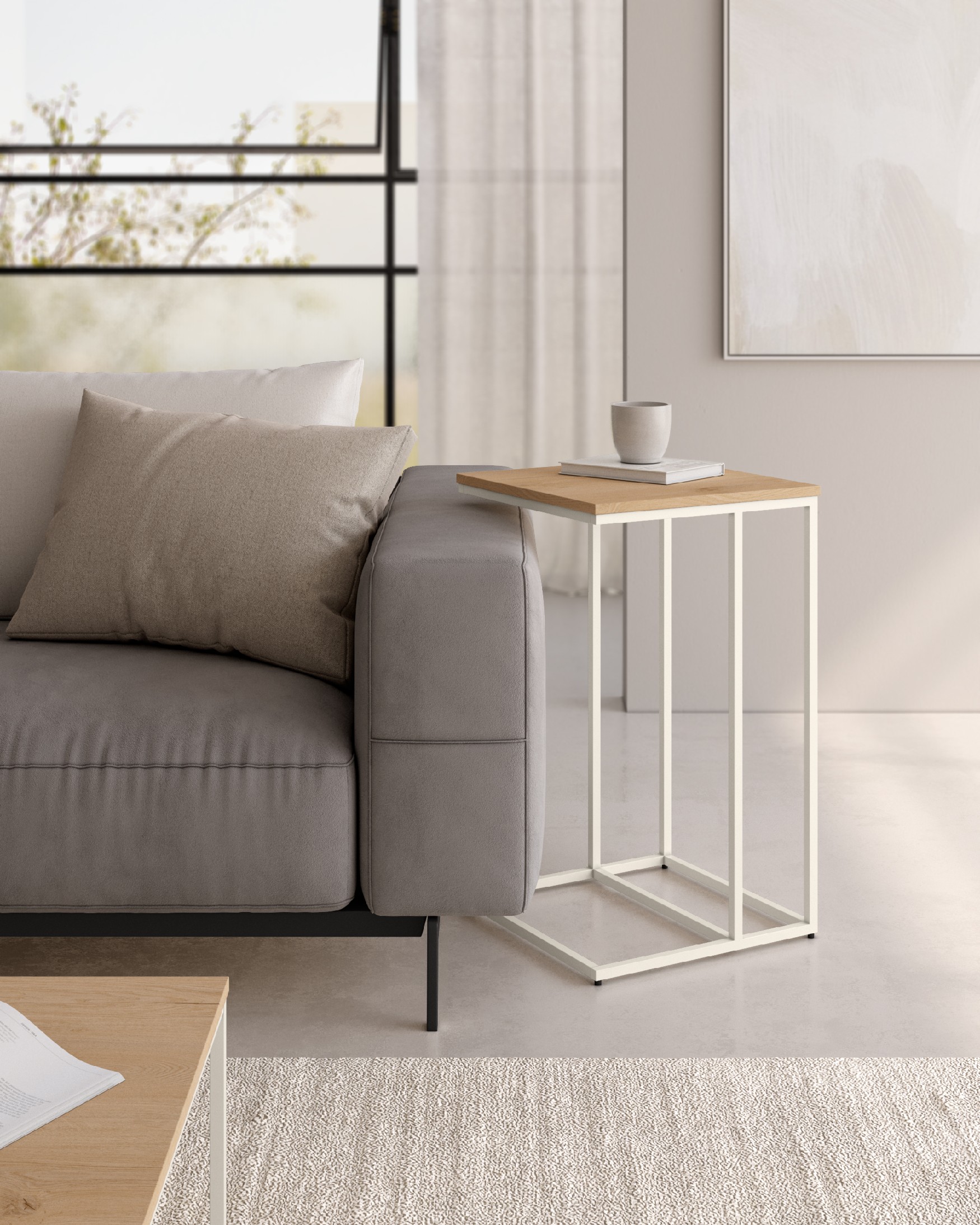 Zenith high side table with oak melamine top and ivory metal leg 40 x 40 cm