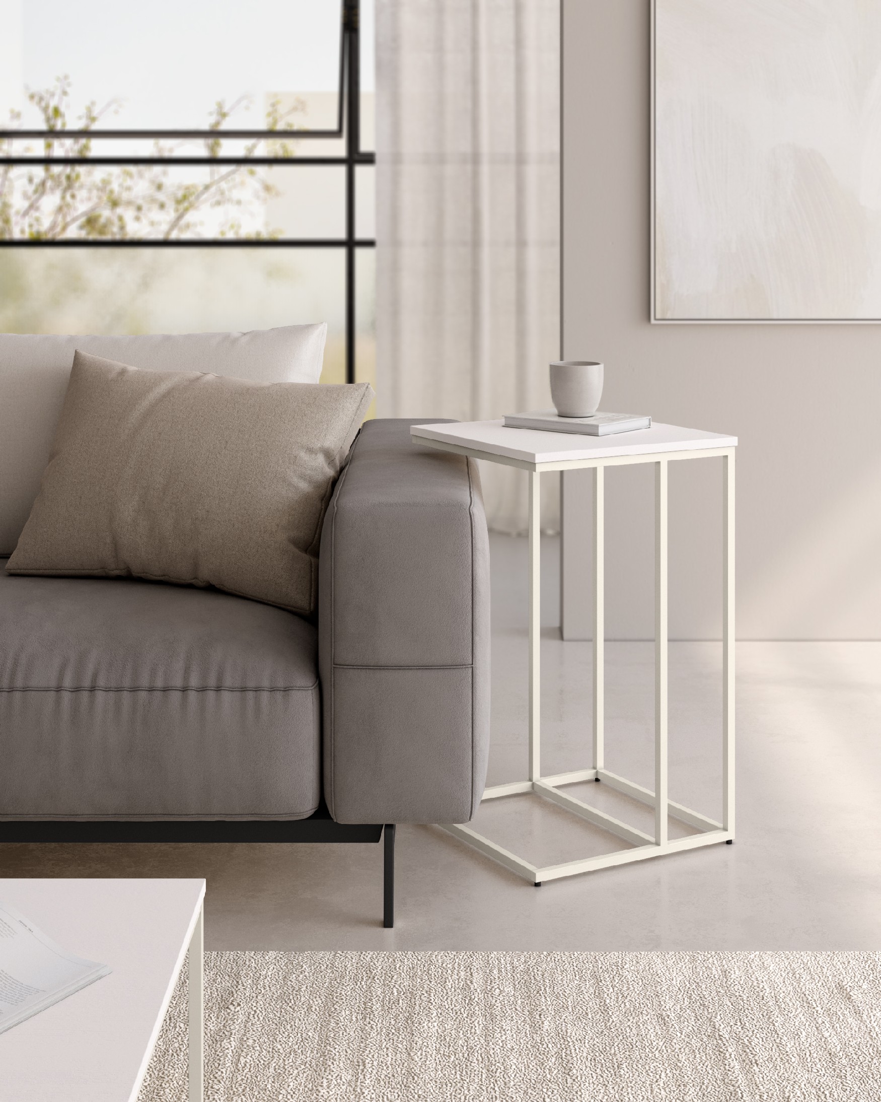 Zenit high side table with white soul melamine top and ivory metal leg 40 x 40 cm