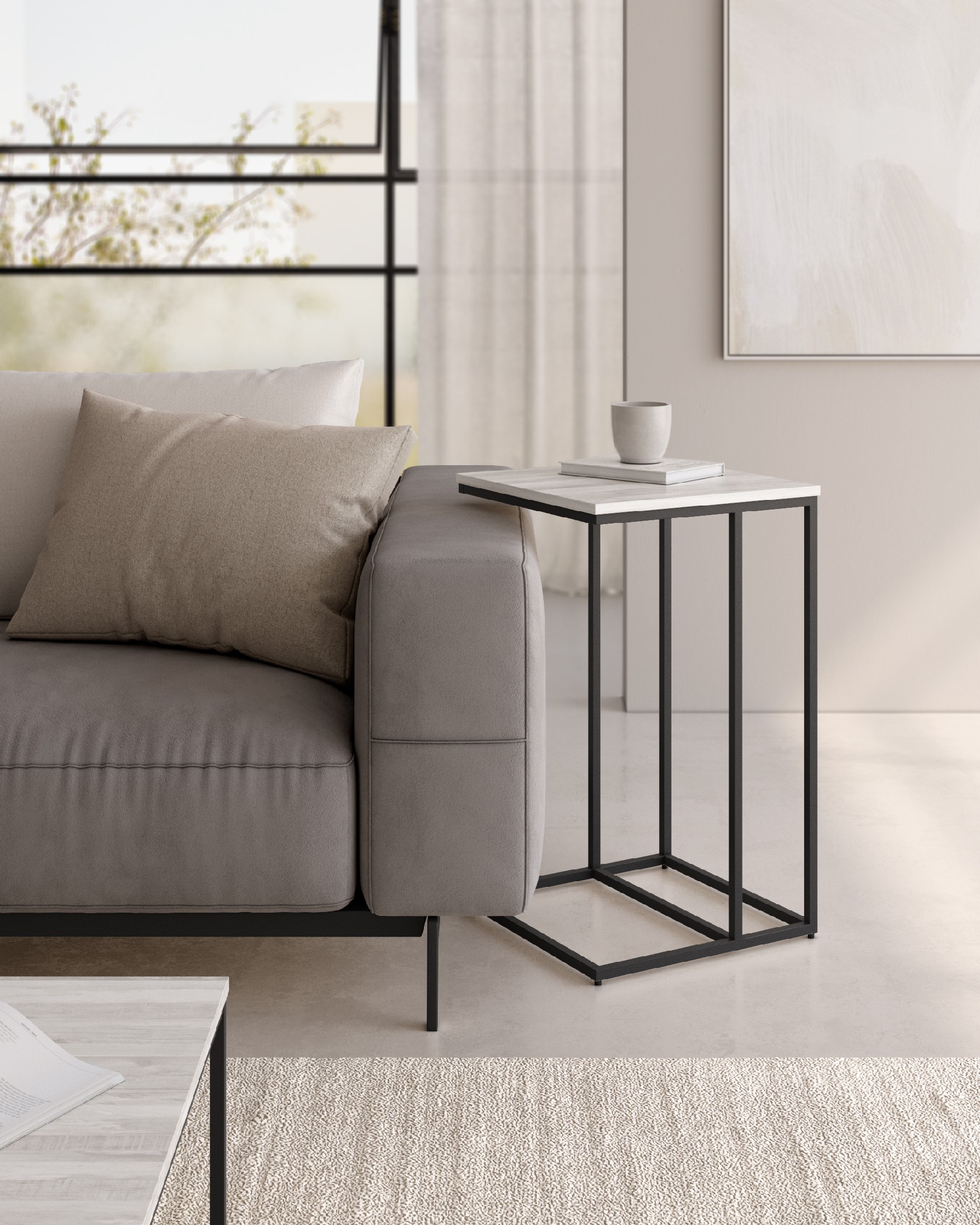 Zenit high side table with artic melamine top and black metal leg 40 x 40 cm