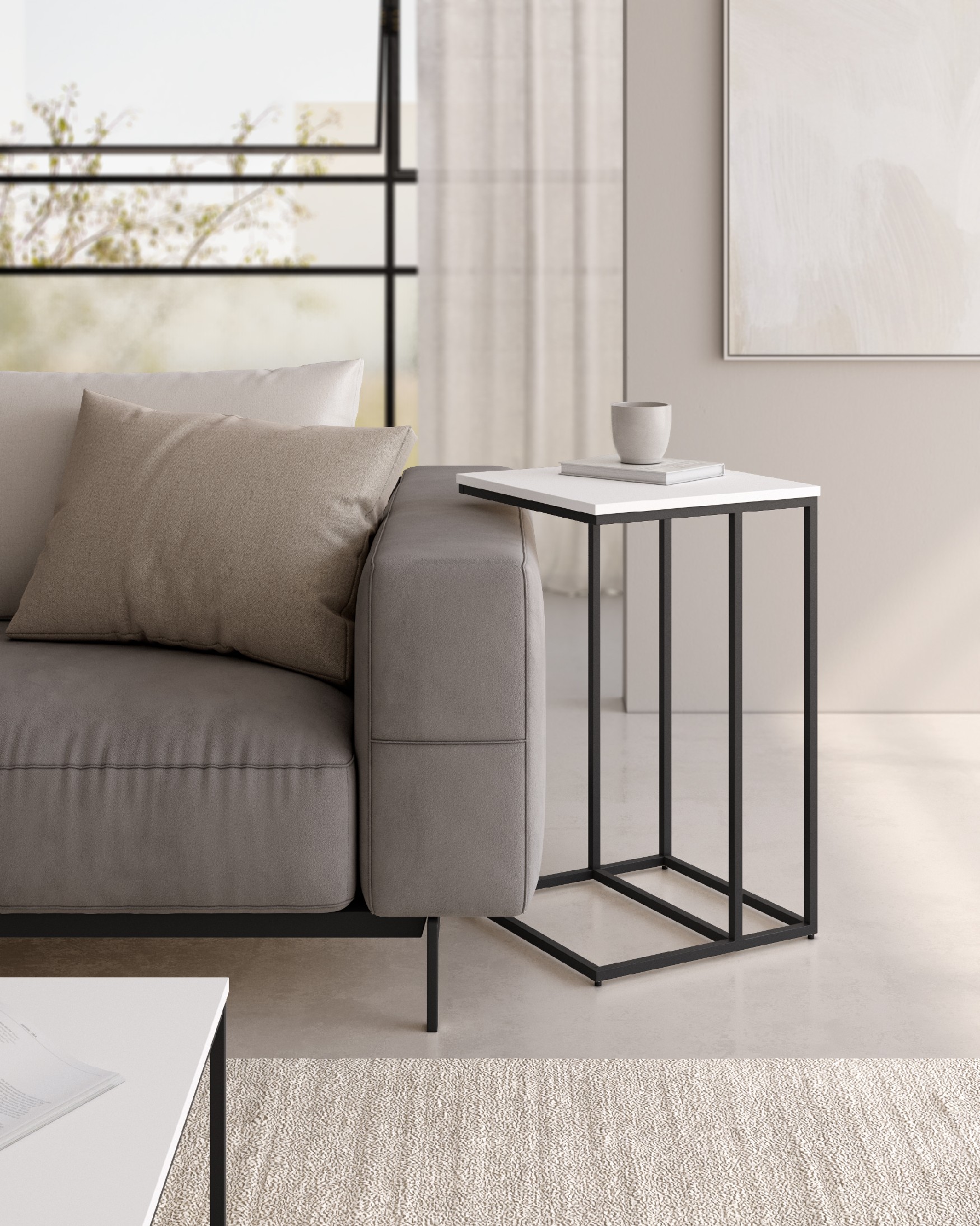 Table d'appoint Zenit haute avec plateau en mélamine blanc extra et pied métallique noir 40 x 40 cm