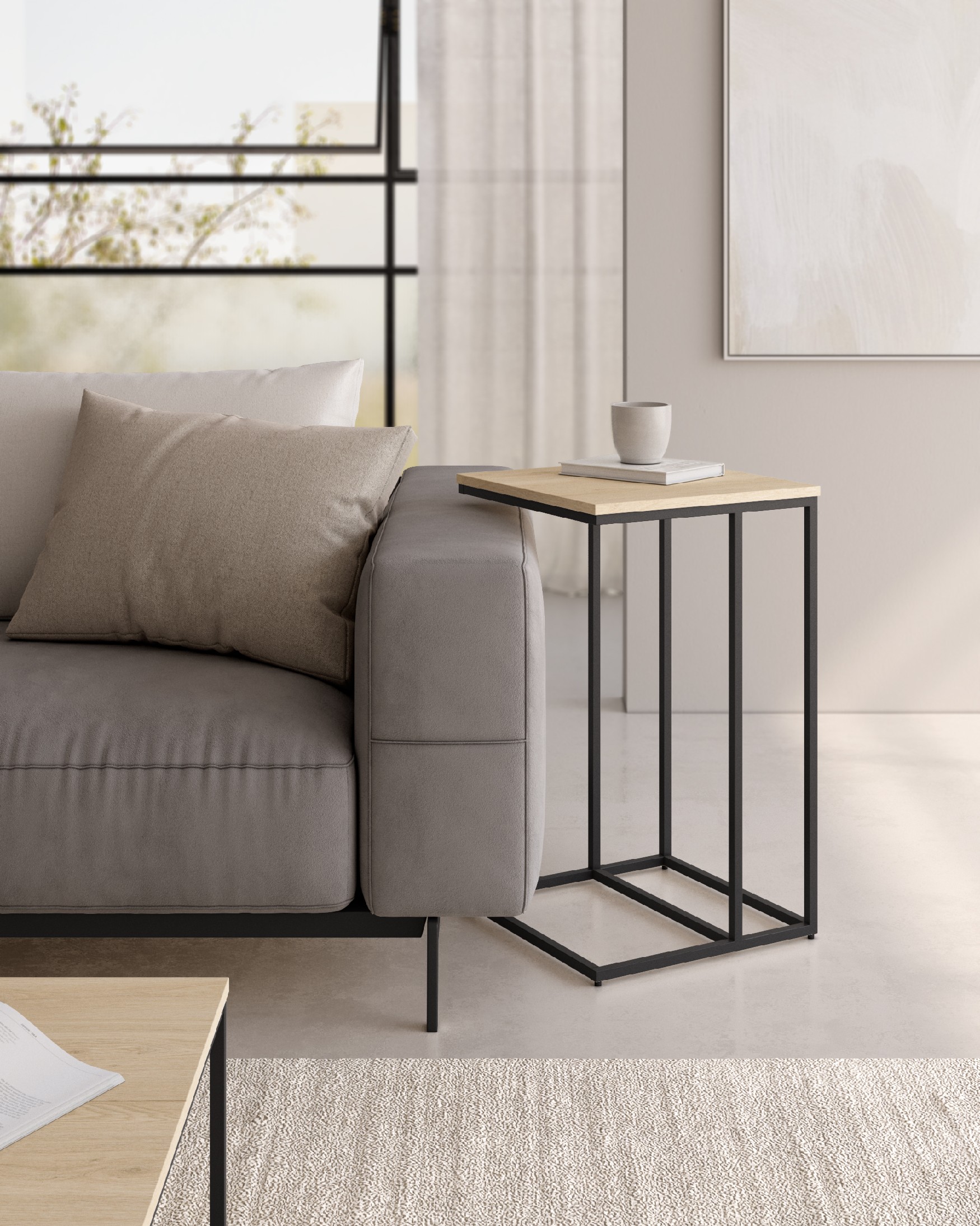 Table d'appoint Zenit haute avec plateau en mélamine chêne naturel et pied métallique noir 40 x 40 cm