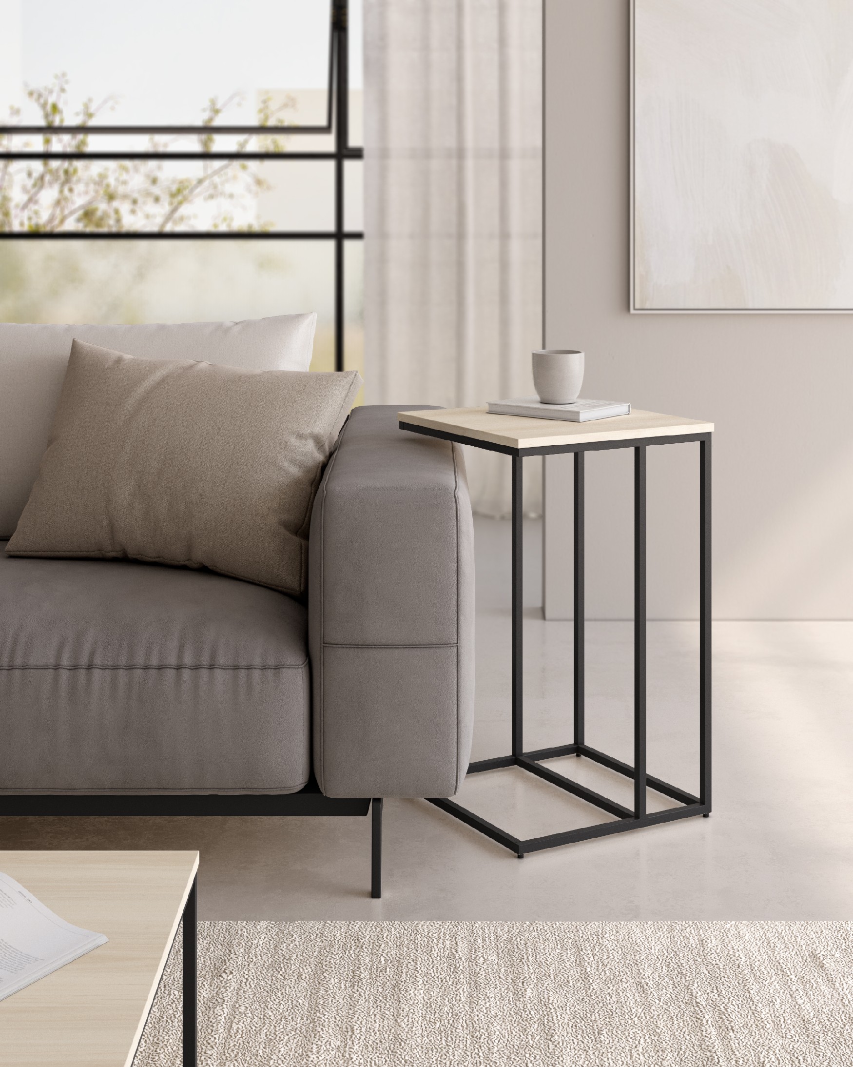 Zenit high side table with an oak melamine top and black metal leg 40 x 40 cm