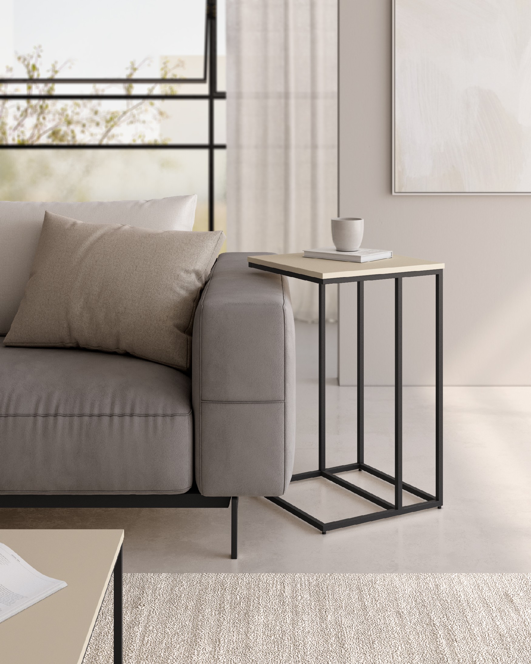 Table d'appoint Zenit haute avec plateau en mélamine perle et pied métallique noir 40 x 40 cm