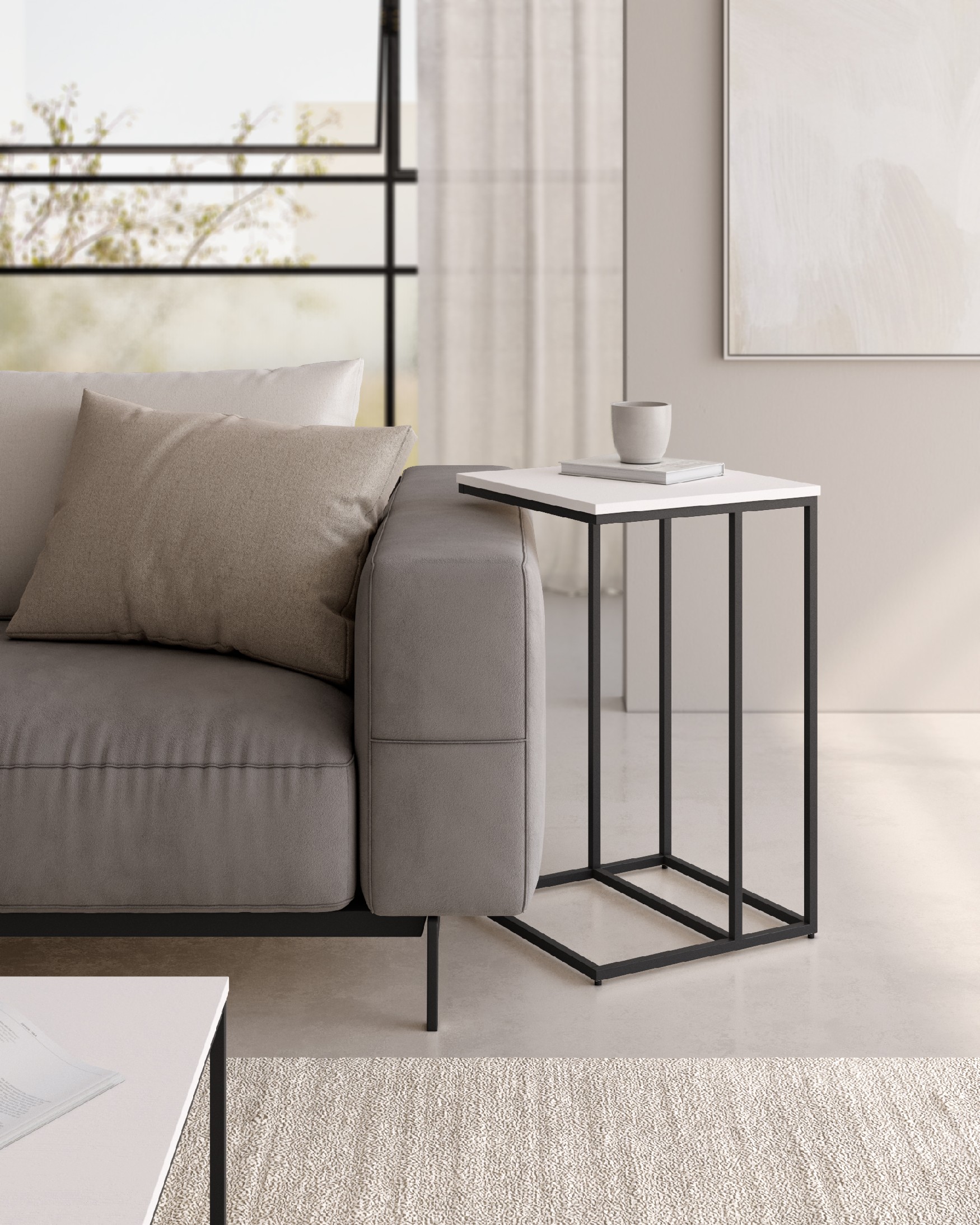 Table d'appoint Zenit haute avec plateau en mélaminé soul blanc et pied métallique noir 40 x 40 cm