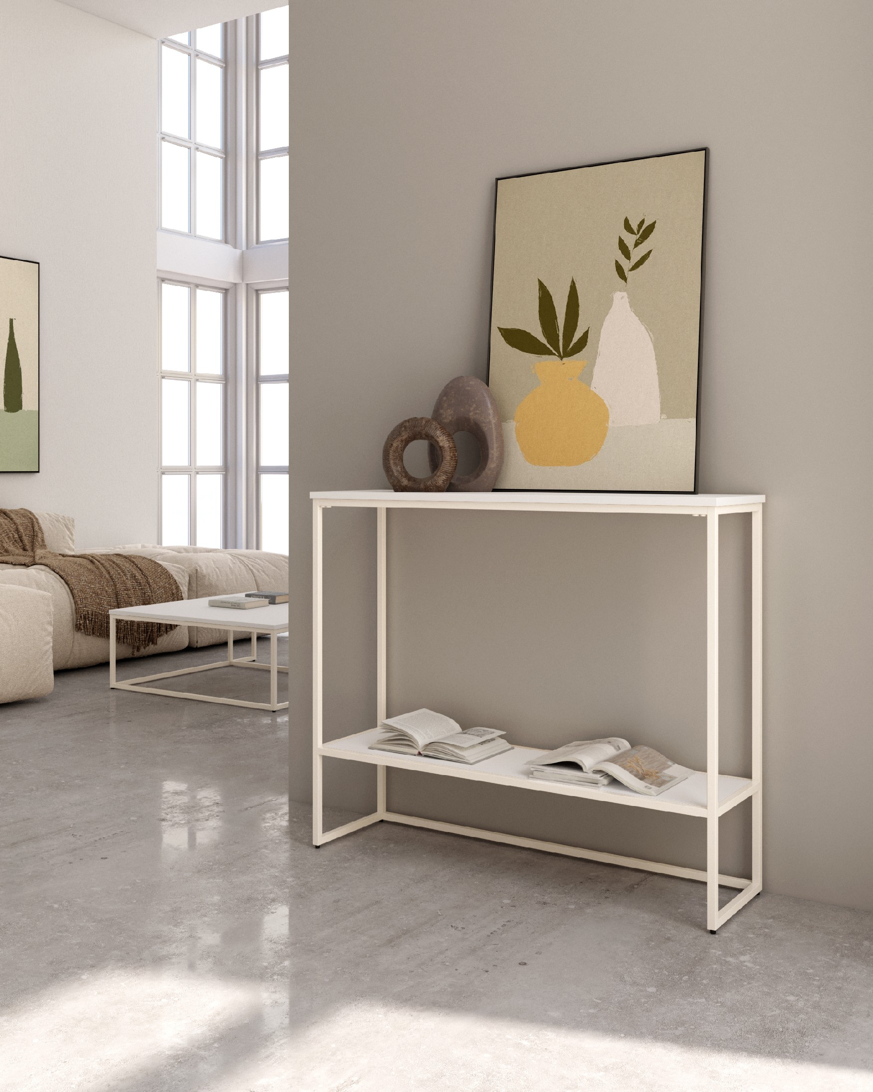 Zenit receiver in extra white melamine and ivory structure, 90 x 26 x 77 cm