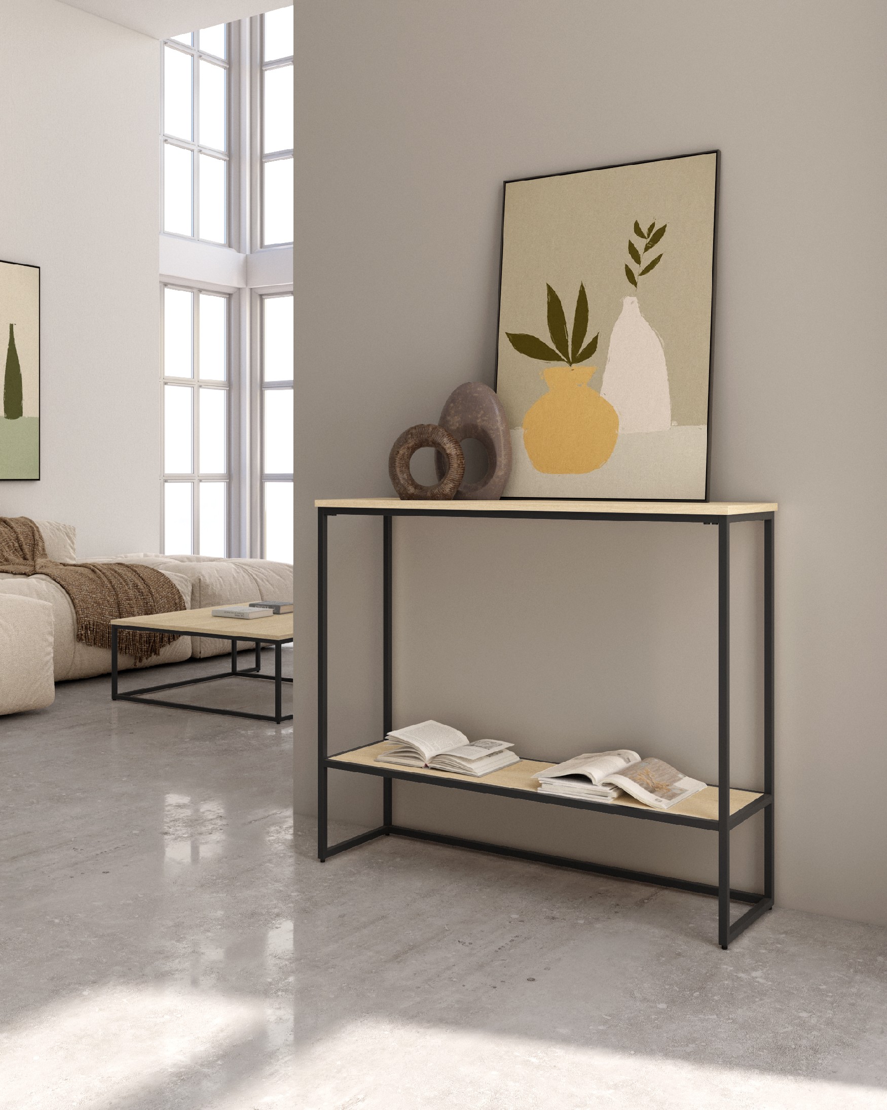 Zenit reception unit made of natural oak melamine with a black structure, 90 x 26 x 77 cm