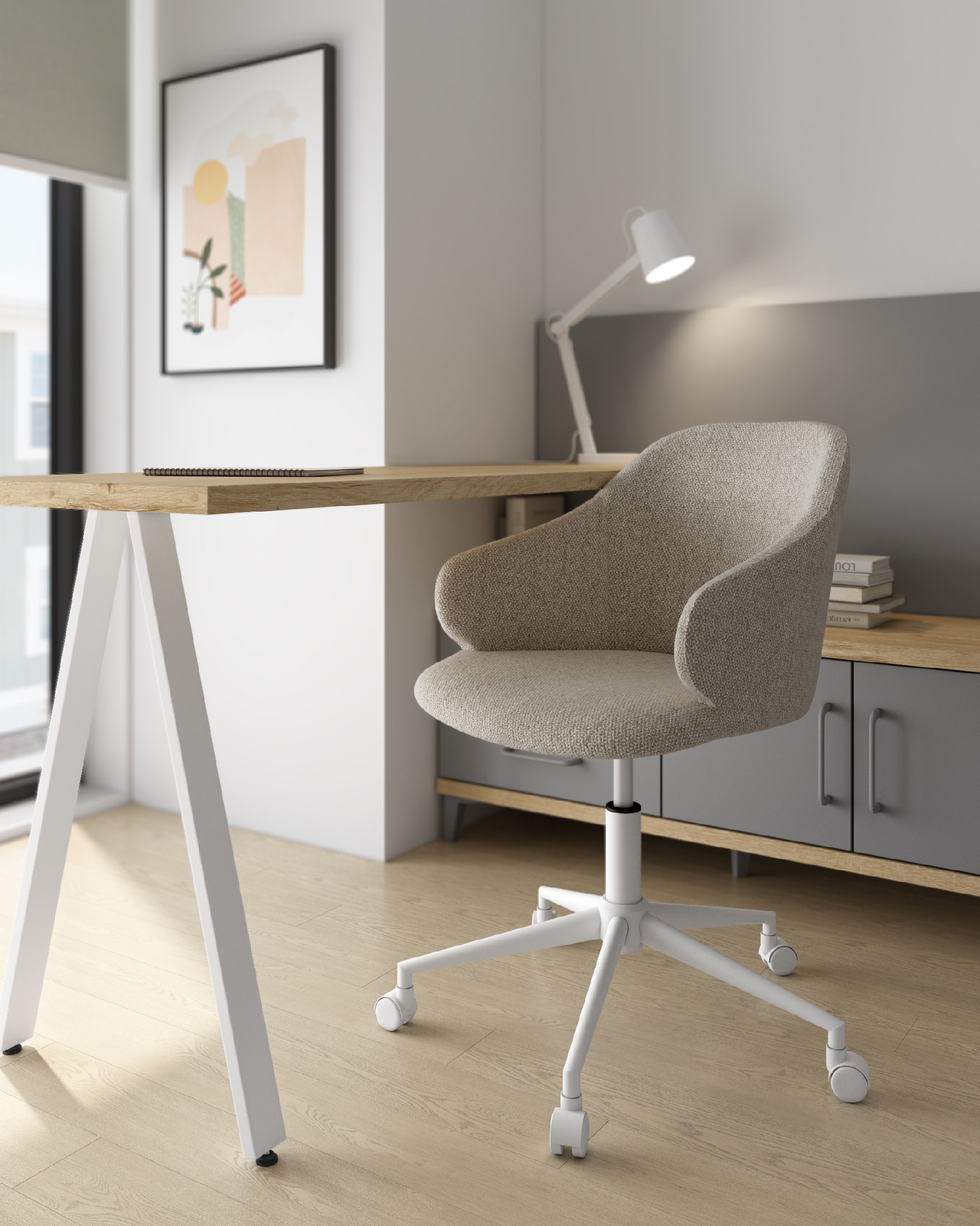 Zurich chair with brown upholstery and white metal legs